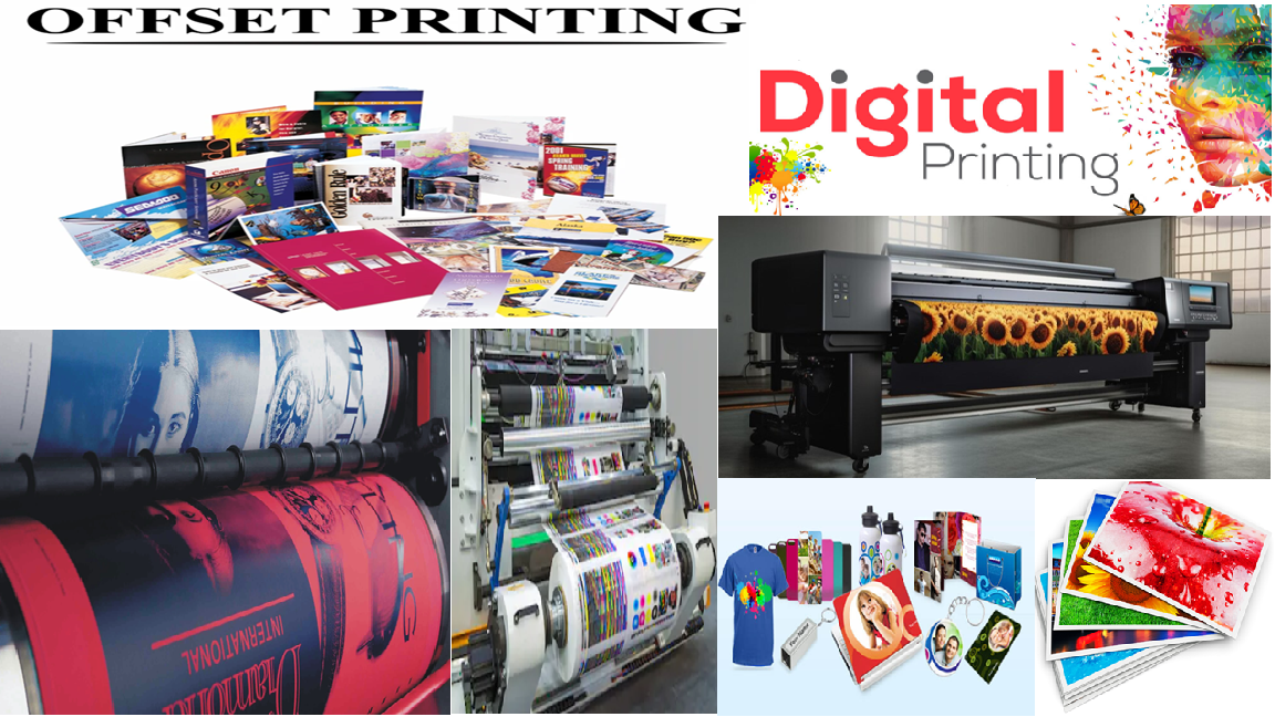 "Comparison of offset printing and digital printing methods showing their differences in production and output"